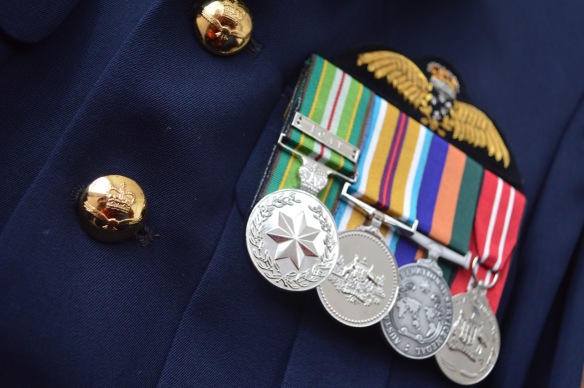 Contemporary veteran's medal group: Australian Active Service Medal with International Coalition Against Terrorism (ICAT) clasp, Afghanistan Campaign Medal, Australian Operational Service Medal (Border Protection), and Australian Defence Medal. The medals are my husband's; I wrote about his service here.